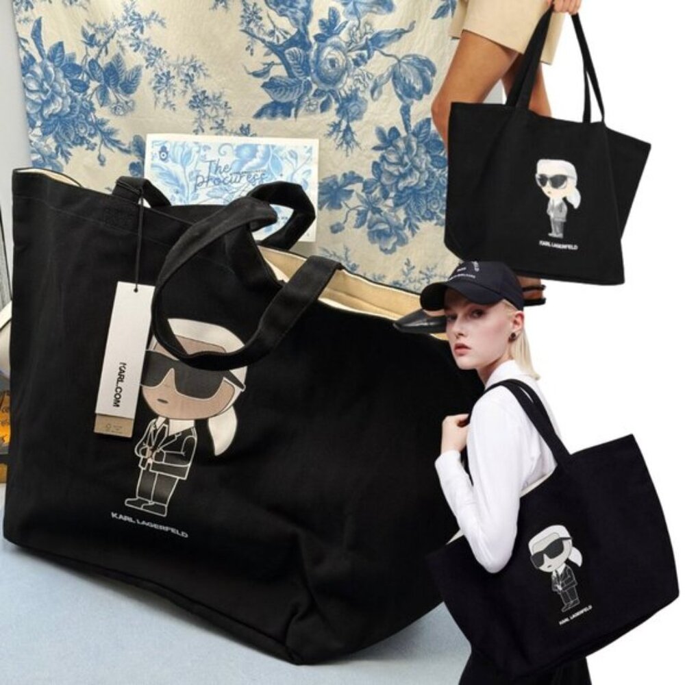 🆕 KARL LAGERFELD PARIS 🧿 NWT Black Ikonik 2.0 Tote Bag, Cartoon Karl Graphic